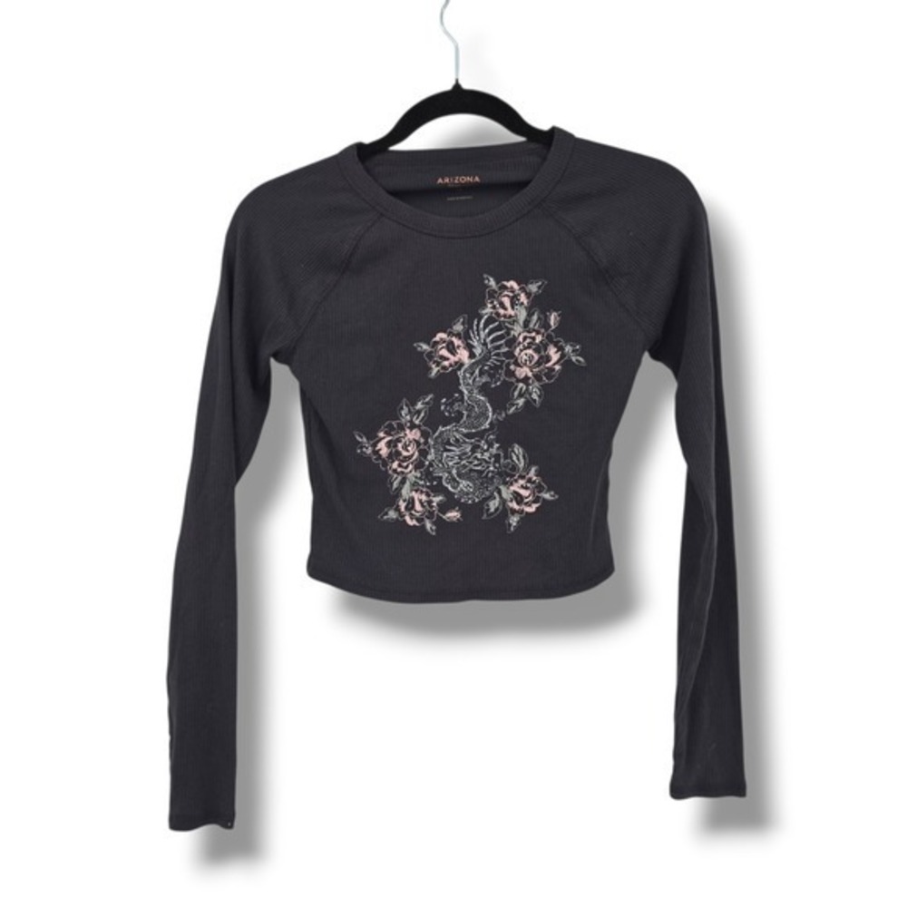 Arizona Jean Co Gray Ribbed‎ Dragon & Floral Crop Top Women's Medium